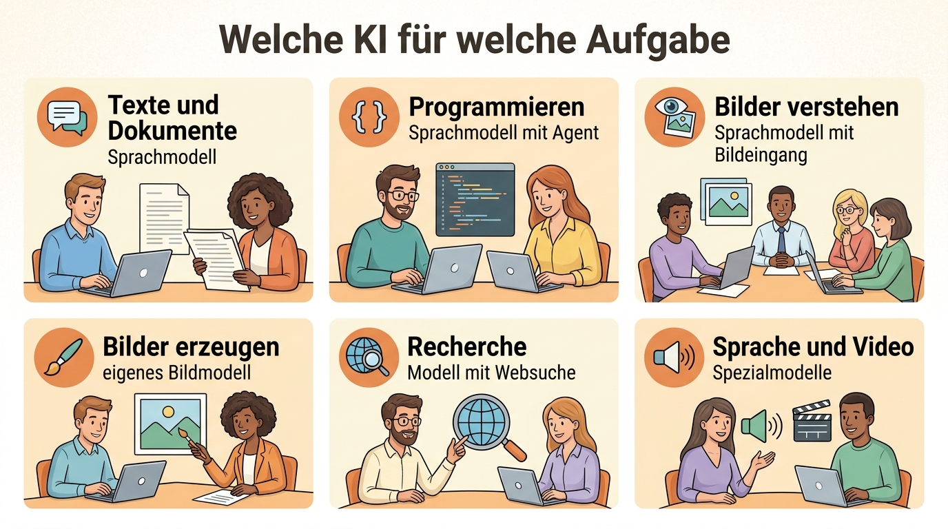 Sechs Einsatzgebiete: Texte und Dokumente, Programmieren, Bilder verstehen, Bilder erzeugen, Recherche, Sprache und Video