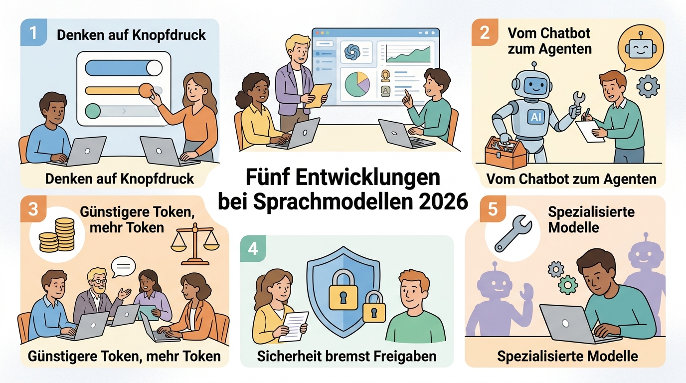 Die fünf Entwicklungen des Jahres: Denken auf Knopfdruck, vom Chatbot zum Agenten, günstigere und mehr Token, Sicherheit bremst Freigaben, spezialisierte Modelle