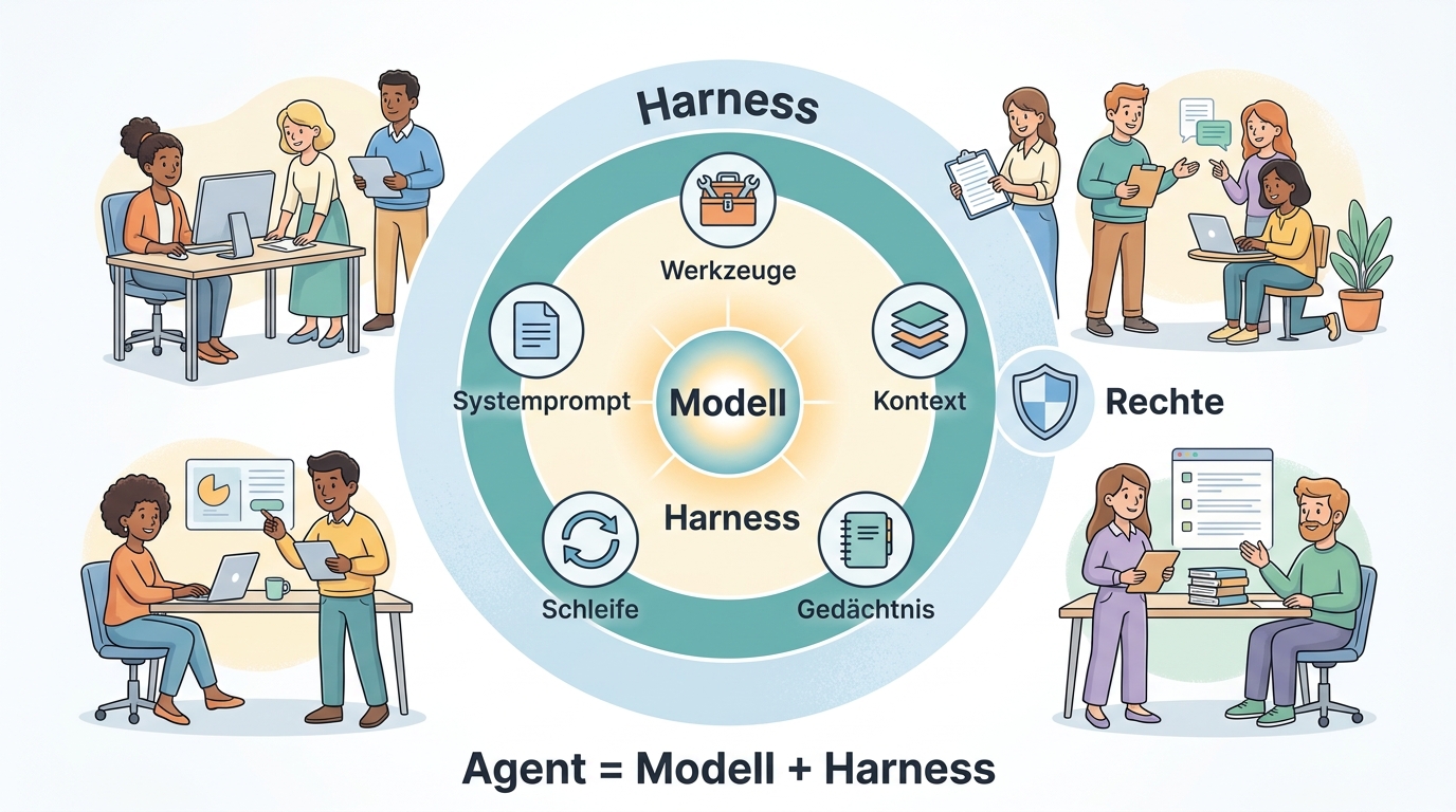 Das Modell im Kern, darum die Harness mit Systemprompt, Werkzeugen, Kontext, Gedächtnis und Schleife, außen die Rechte. Agent = Modell + Harness