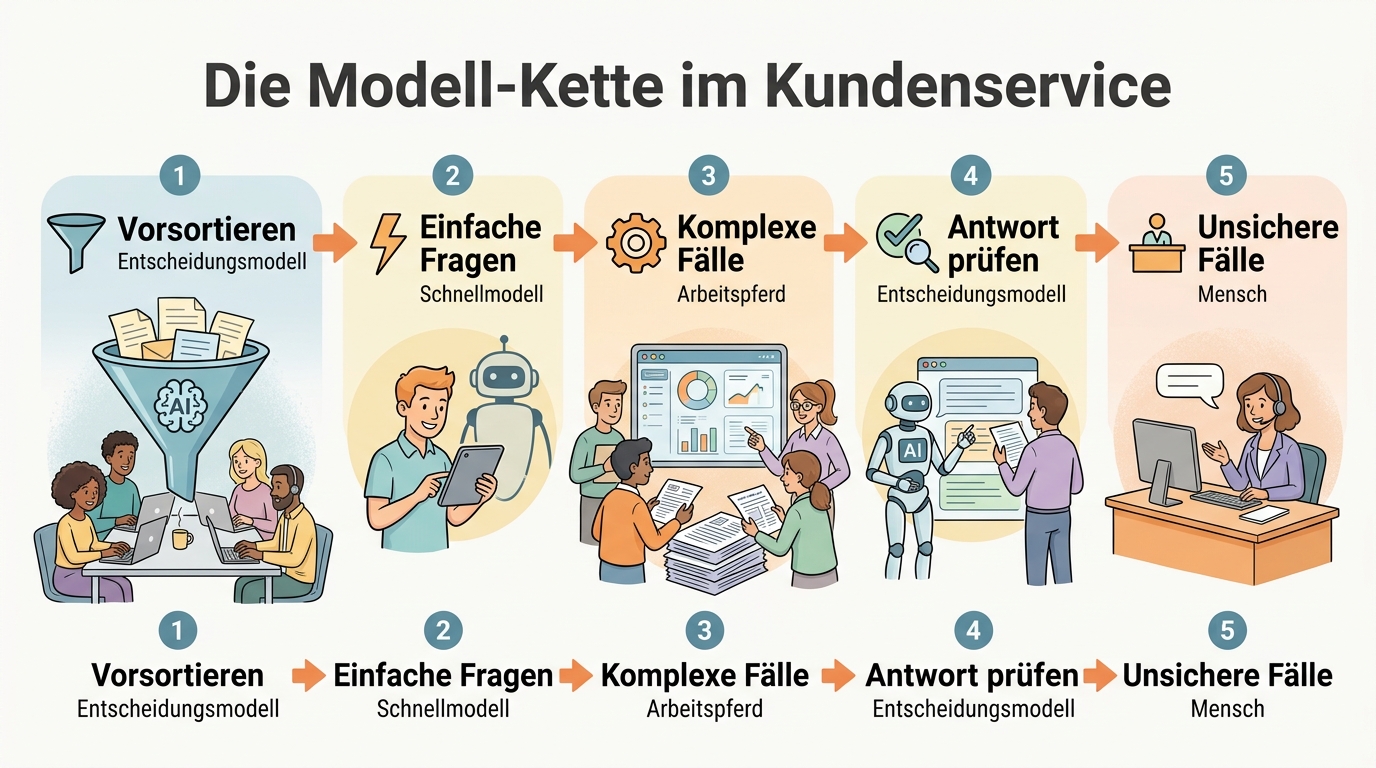 Die Modell-Kette im Kundenservice in fünf Stationen: Vorsortieren, einfache Fragen, komplexe Fälle, Antwort prüfen, unsichere Fälle an einen Menschen