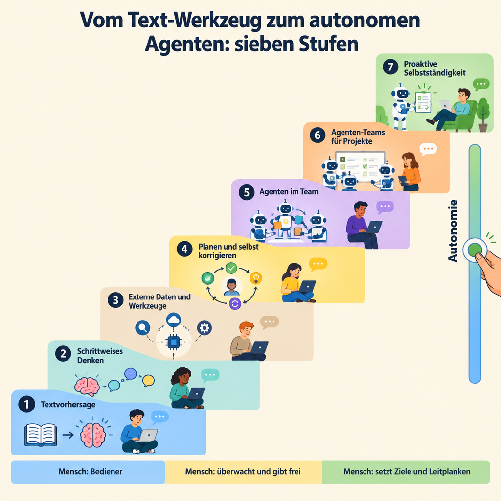 Die sieben Stufen vom Text-Werkzeug zum autonomen Agenten