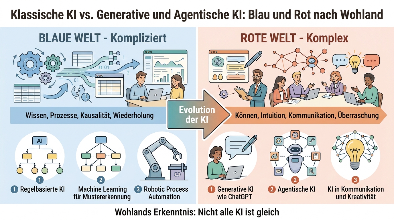 Klassische KI vs. Generative und Agentische KI: Blau und Rot nach Wohland
