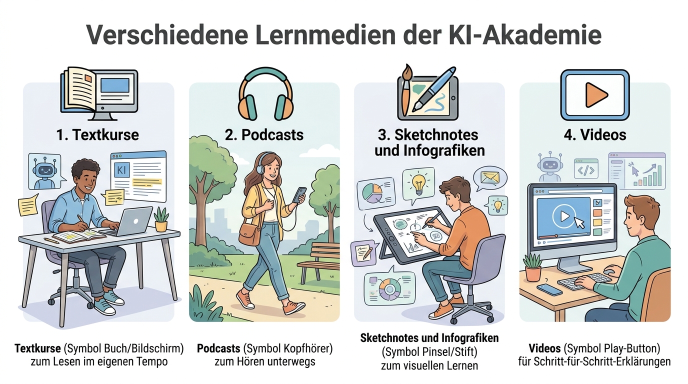 Die Lernmedien der KI-Akademie: Lesen, Hören, Schauen