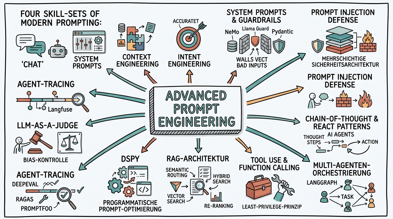 Sketchnote zum Kurs Advanced Prompt Engineering für Entwickler: Von System Prompts bis Subagent-Architektur