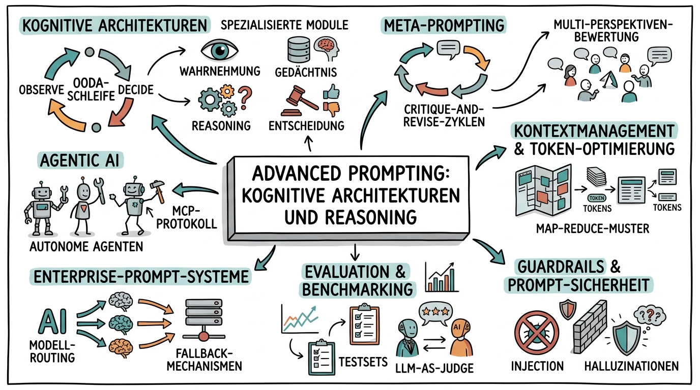 Sketchnote zum Kurs Advanced Prompting: Kognitive Architekturen und Reasoning