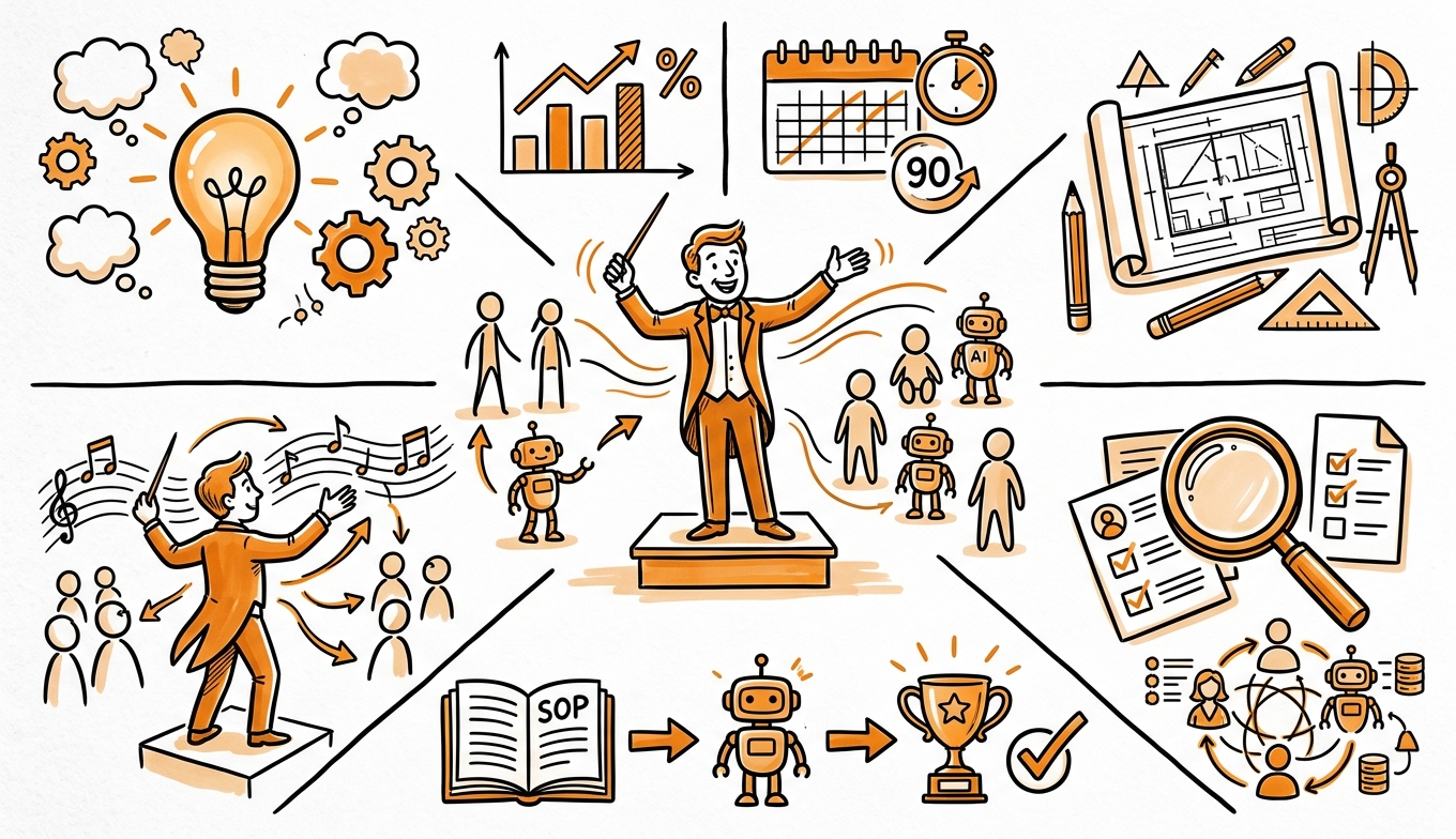 Sketchnote zum Kurs Agent Orchestration für Führungskräfte: Hybride Teams aus Menschen und KI-Agenten steuern