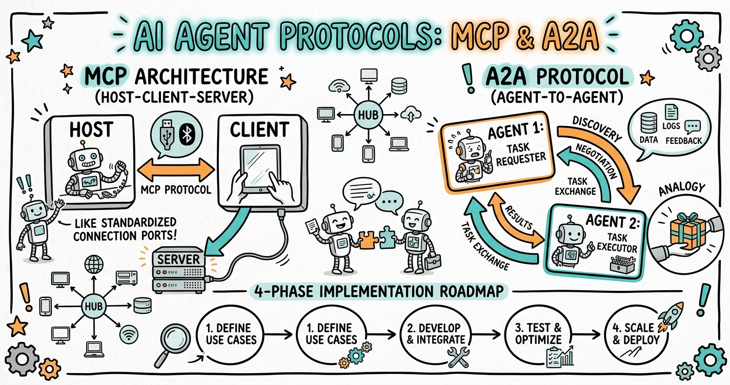 Sketchnote zum Kurs Agent-Protokolle in der Praxis: MCP, A2A und die Zukunft vernetzter KI-Systeme