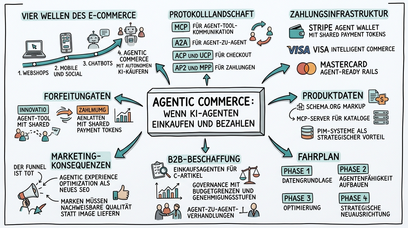 Sketchnote zum Kurs Agentic Commerce: Wenn KI-Agenten einkaufen und bezahlen
