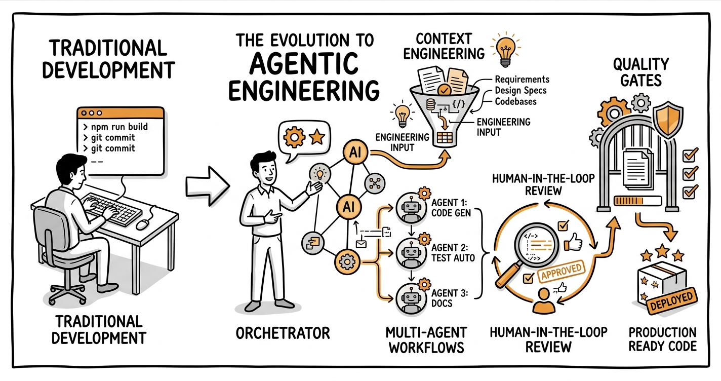 Sketchnote zum Kurs Agentic Engineering: Vom Code schreiben zum KI-Agenten orchestrieren