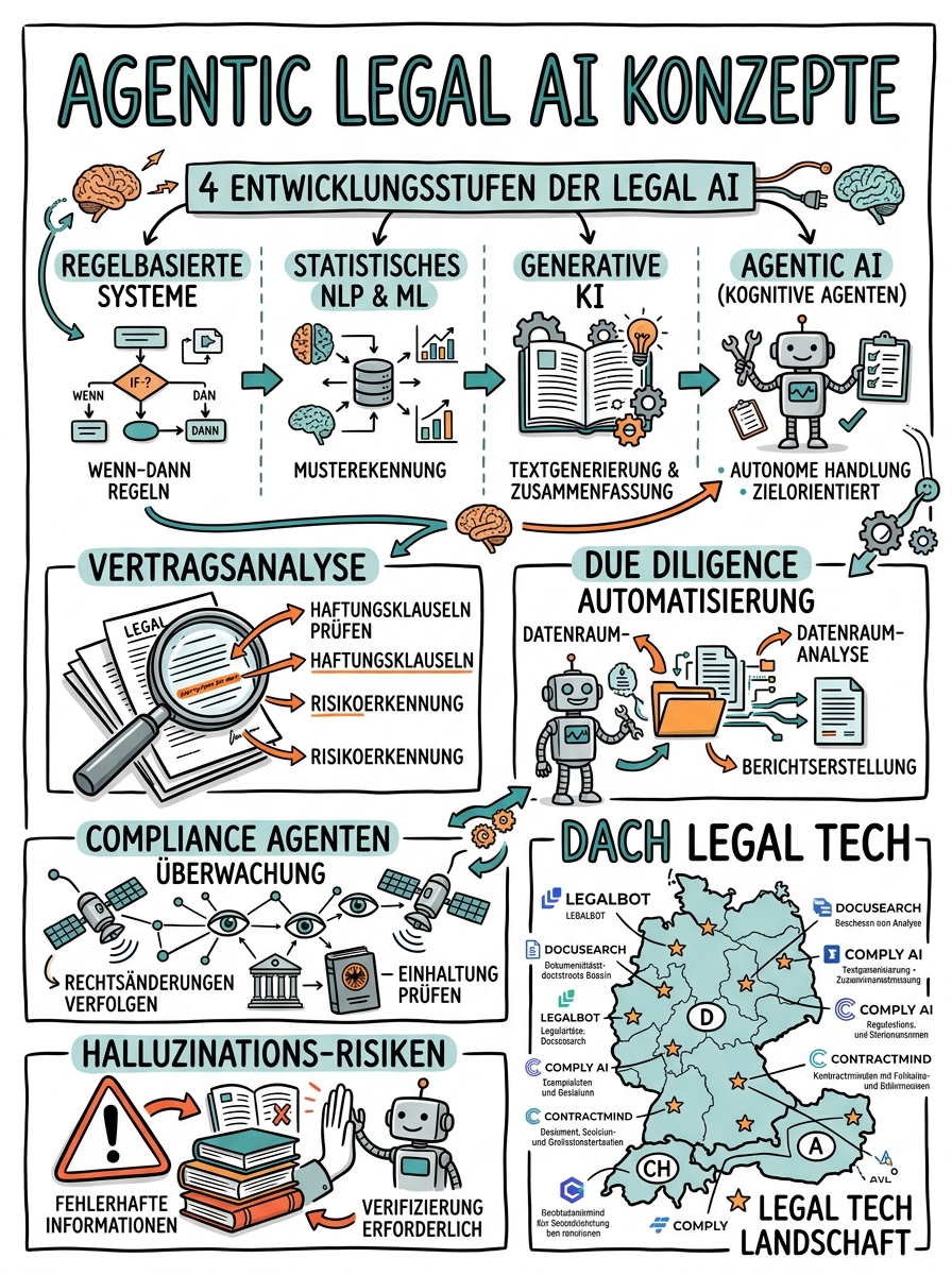 Sketchnote zum Kurs Agentic Legal AI: Autonome KI-Workflows in Kanzleien und Rechtsabteilungen