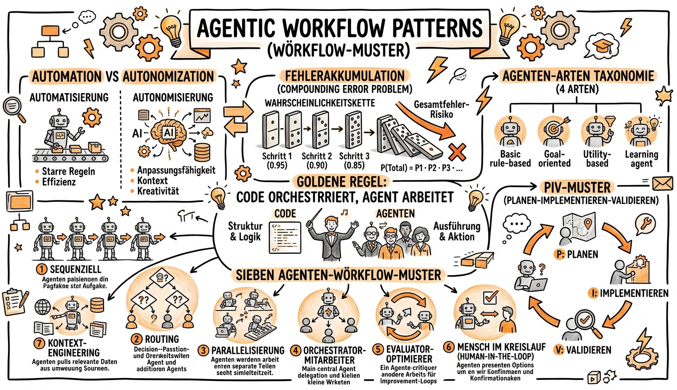 Sketchnote zum Kurs Agentic Workflow Patterns: Architekturmuster für zuverlässige KI-Agenten