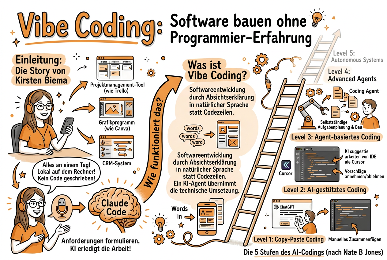 Sketchnote zum Kurs Vibe Coding: Software bauen ohne Programmier-Erfahrung
