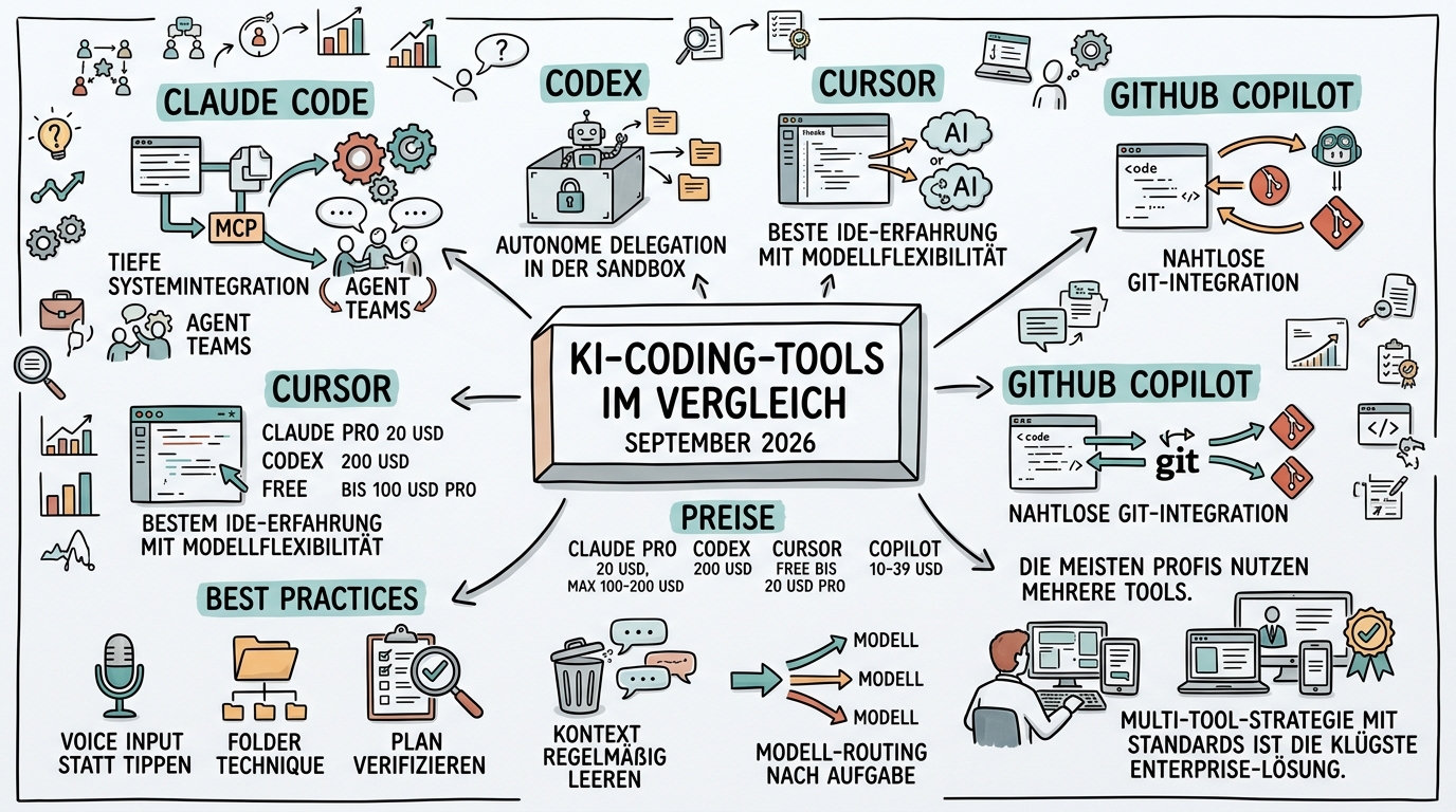 Sketchnote zum Kurs KI-Coding-Tools im Vergleich: Claude Code, Codex, Cursor und Co.