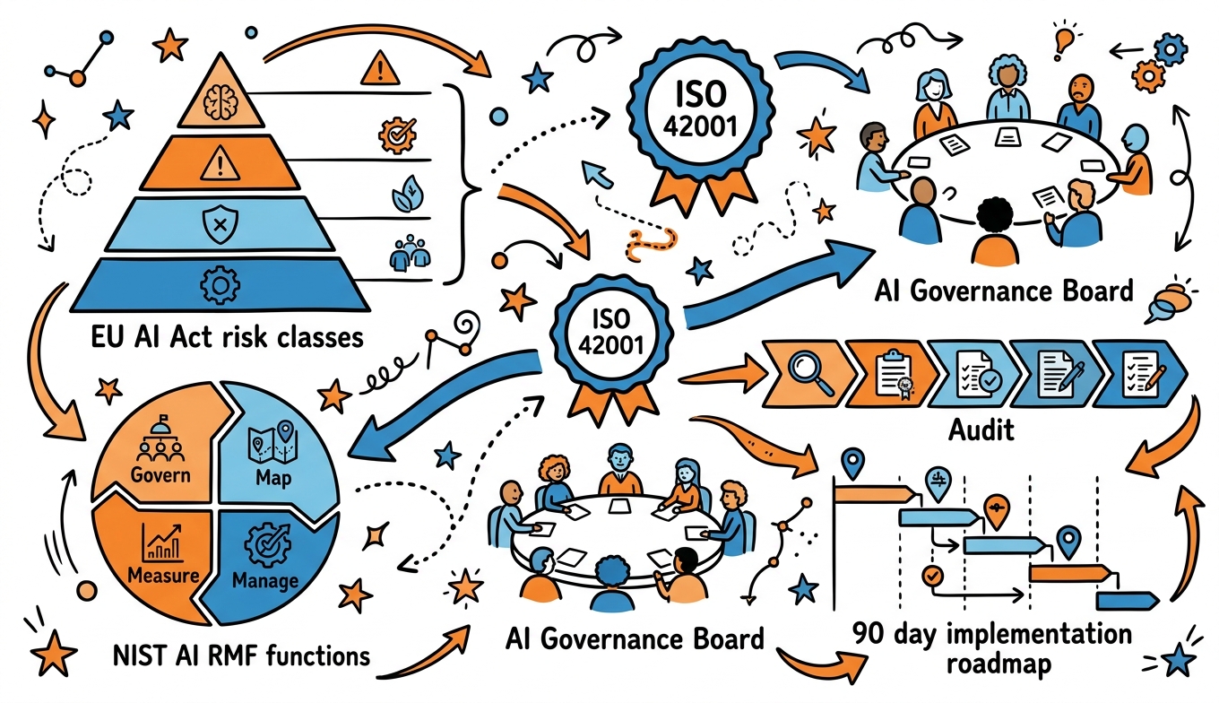 Sketchnote zum Kurs AI Governance und Compliance: Regelwerke, Audits und Verantwortung