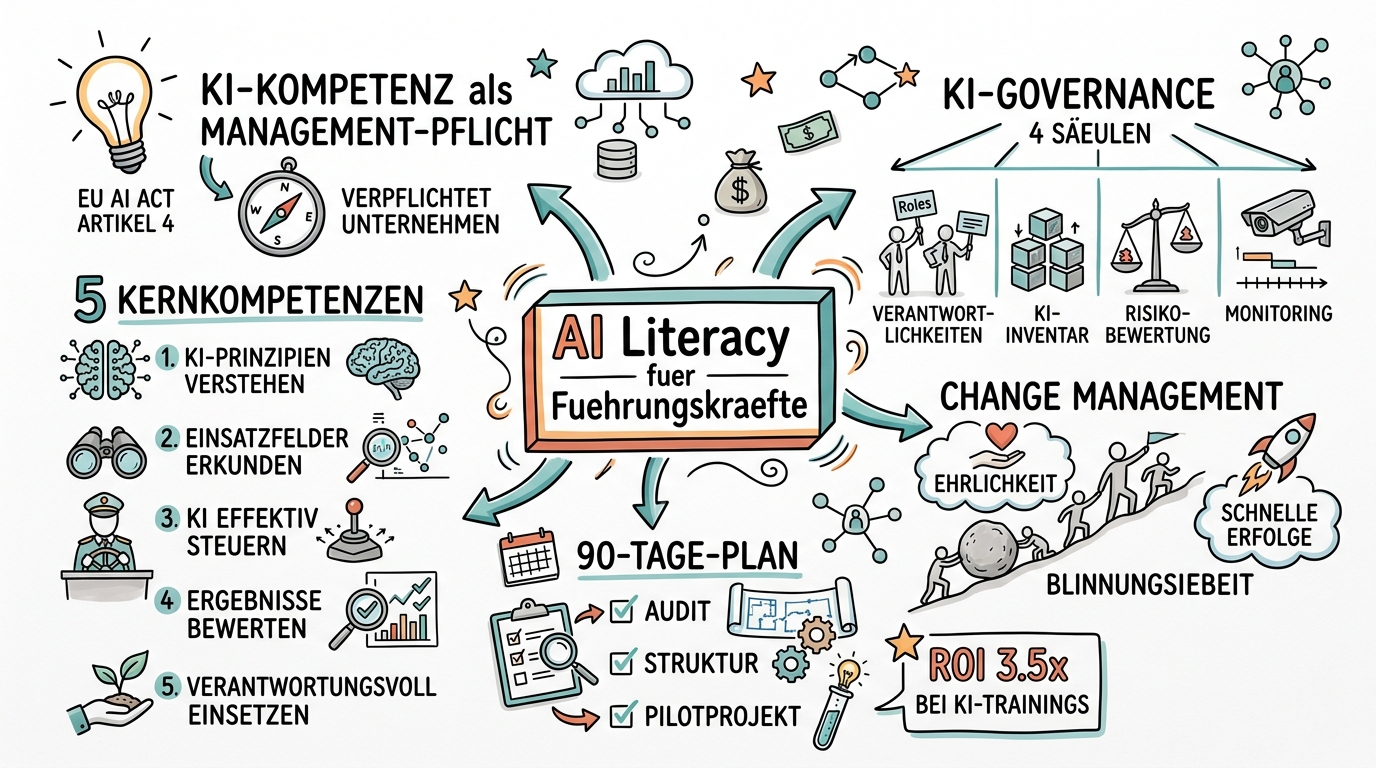 Sketchnote zum Kurs AI Literacy für Führungskräfte: KI-Kompetenz als Management-Pflicht