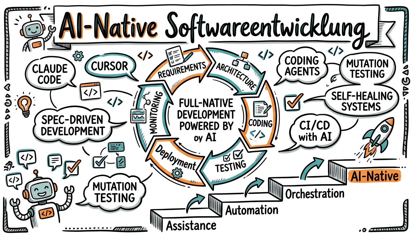 Sketchnote zum Kurs AI-Native Softwareentwicklung: Der vollständige KI-gestützte Entwicklungszyklus