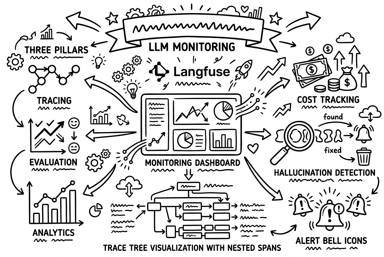 Sketchnote zum Kurs AI Observability und LLM-Monitoring: KI-Systeme in Produktion überwachen