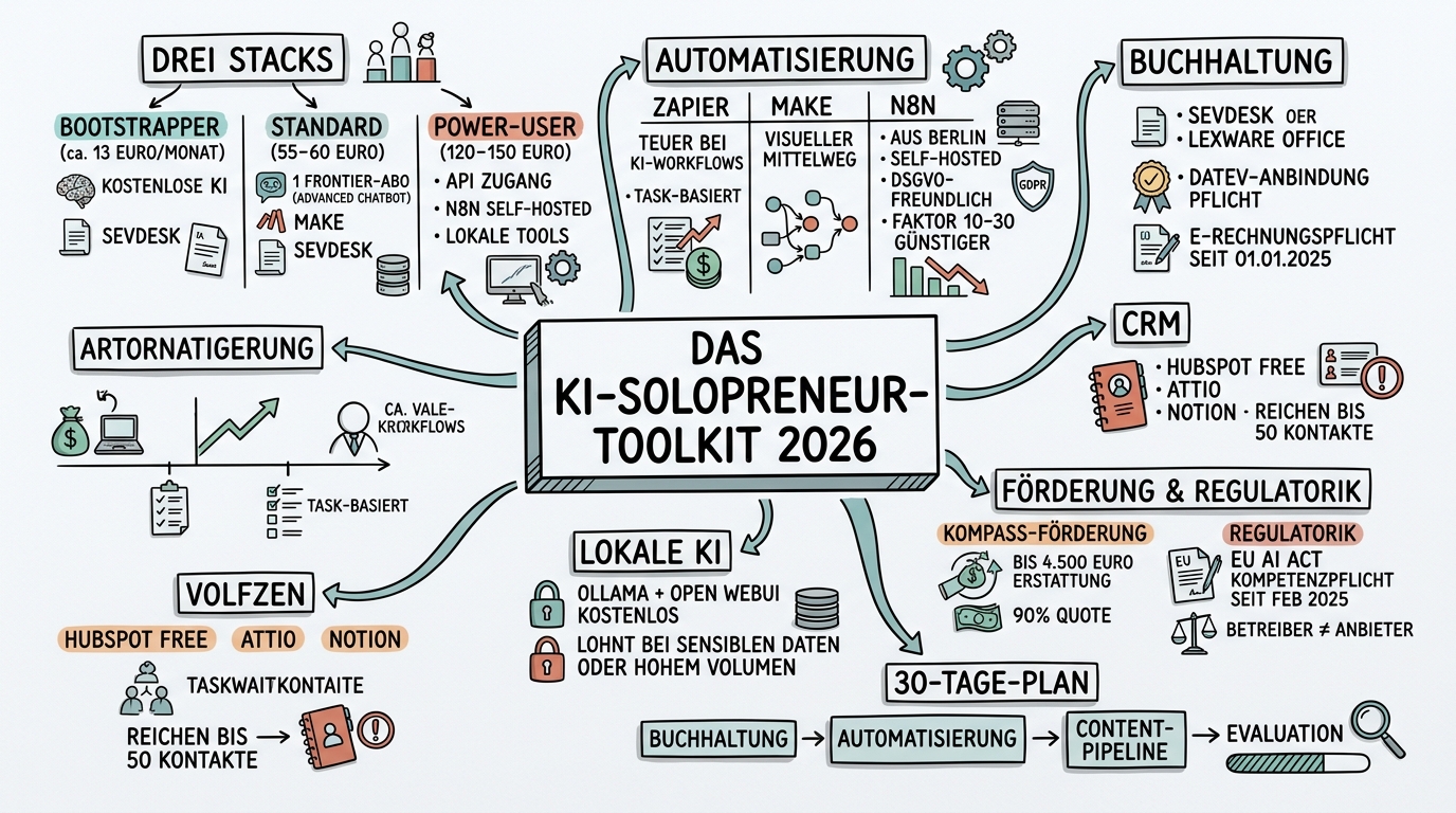 Sketchnote zum Kurs Das KI-Solopreneur-Toolkit: Weniger Abos, mehr Ergebnis