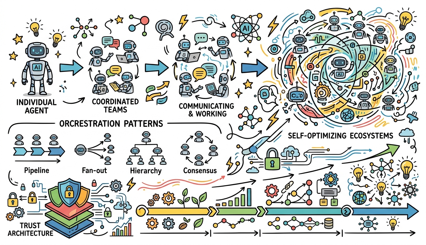 Sketchnote zum Kurs Autonome KI-Ökosysteme: Selbstoptimierende Systeme, emergentes Verhalten und Governance-Architekturen
