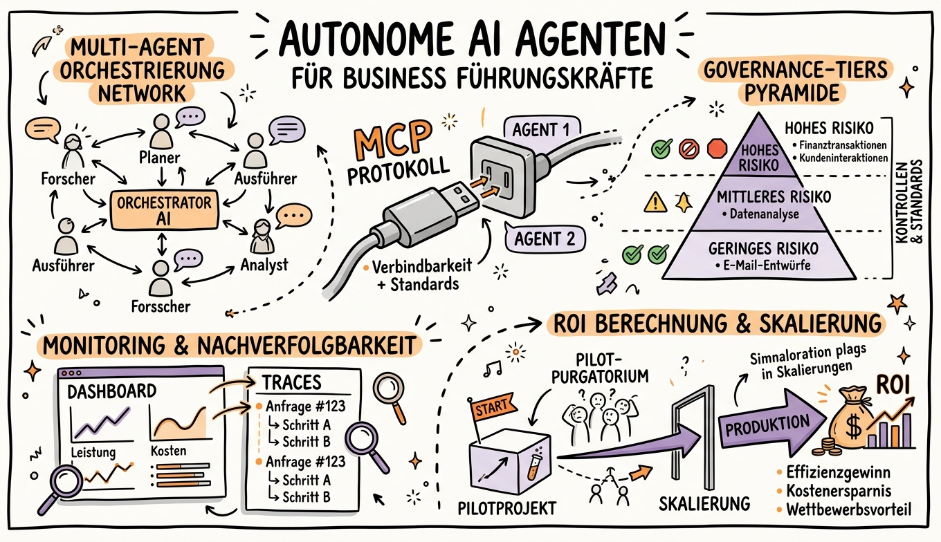Sketchnote zum Kurs Autonomous AI Agents für Entscheider: Vom Pilot zum skalierbaren Einsatz
