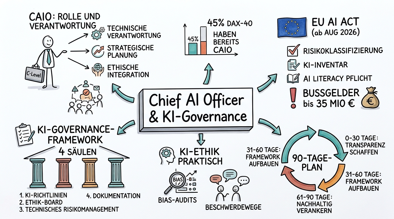 Sketchnote zum Kurs Chief AI Officer und KI-Governance: Führung in der KI-Ära