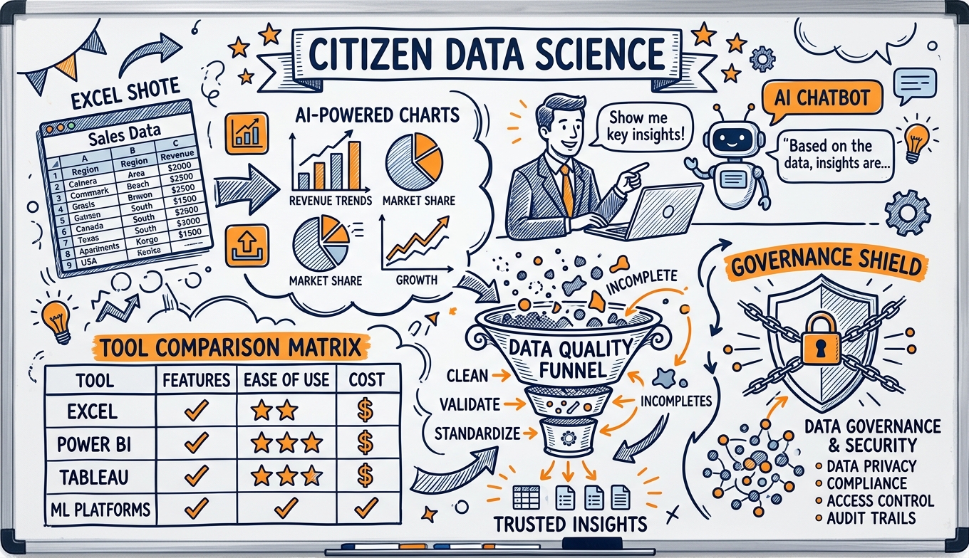 Sketchnote zum Kurs Citizen Data Science: KI-gestützte Datenanalyse ohne Programmierung