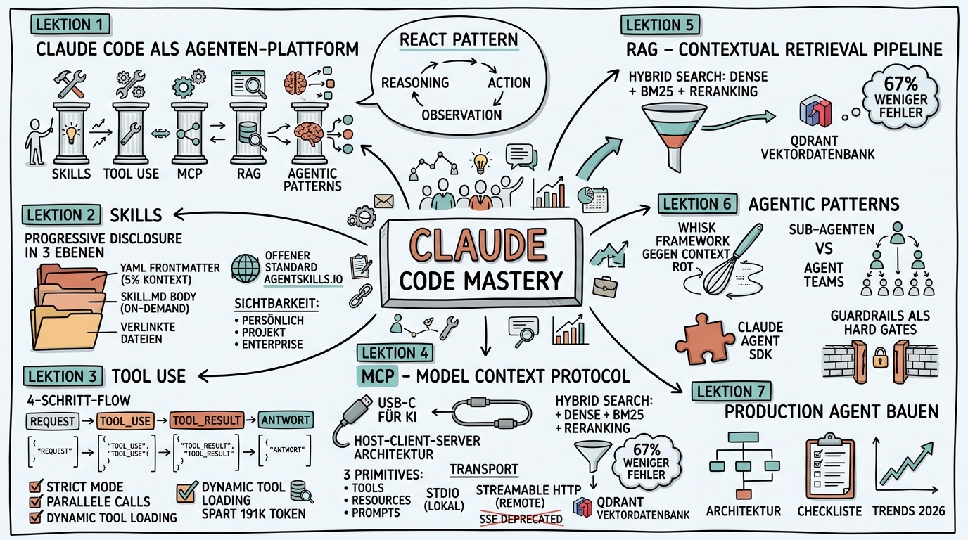 Sketchnote zum Kurs Claude Code Mastery: Skills, RAG, Tools und MCP