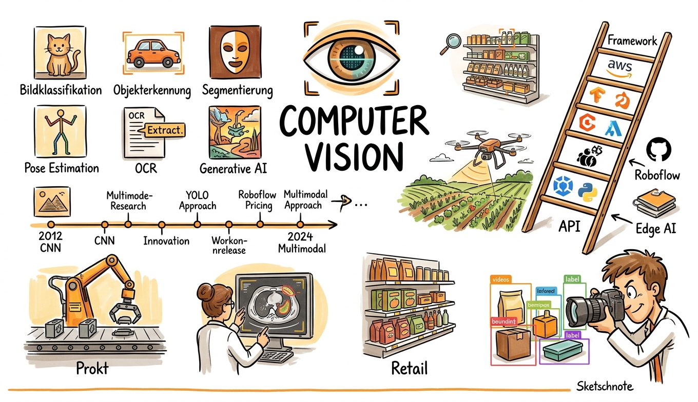 Sketchnote zum Kurs Computer Vision in der Praxis: Bildanalyse und visuelle KI verstehen und anwenden
