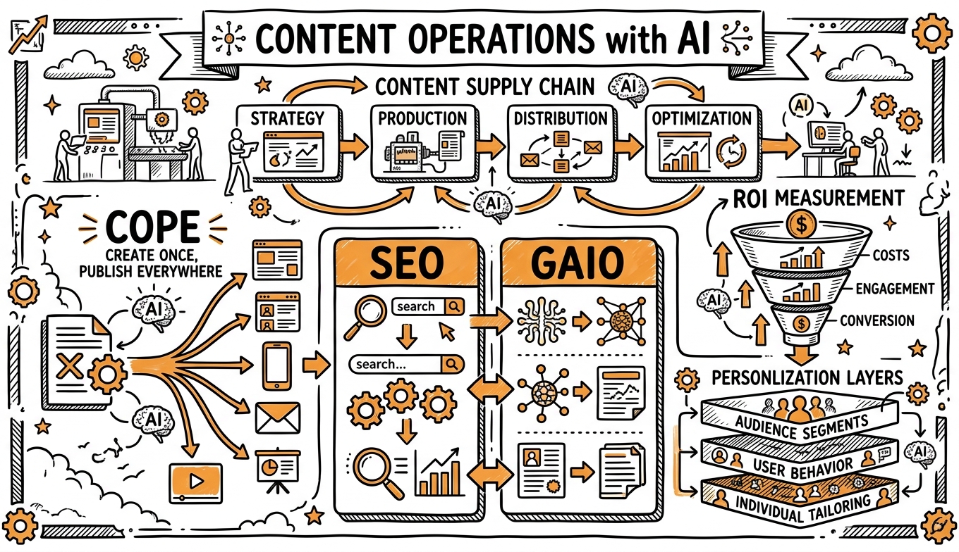 Sketchnote zum Kurs Content Operations mit KI: Skalierbare Redaktionssysteme und Performance-Optimierung