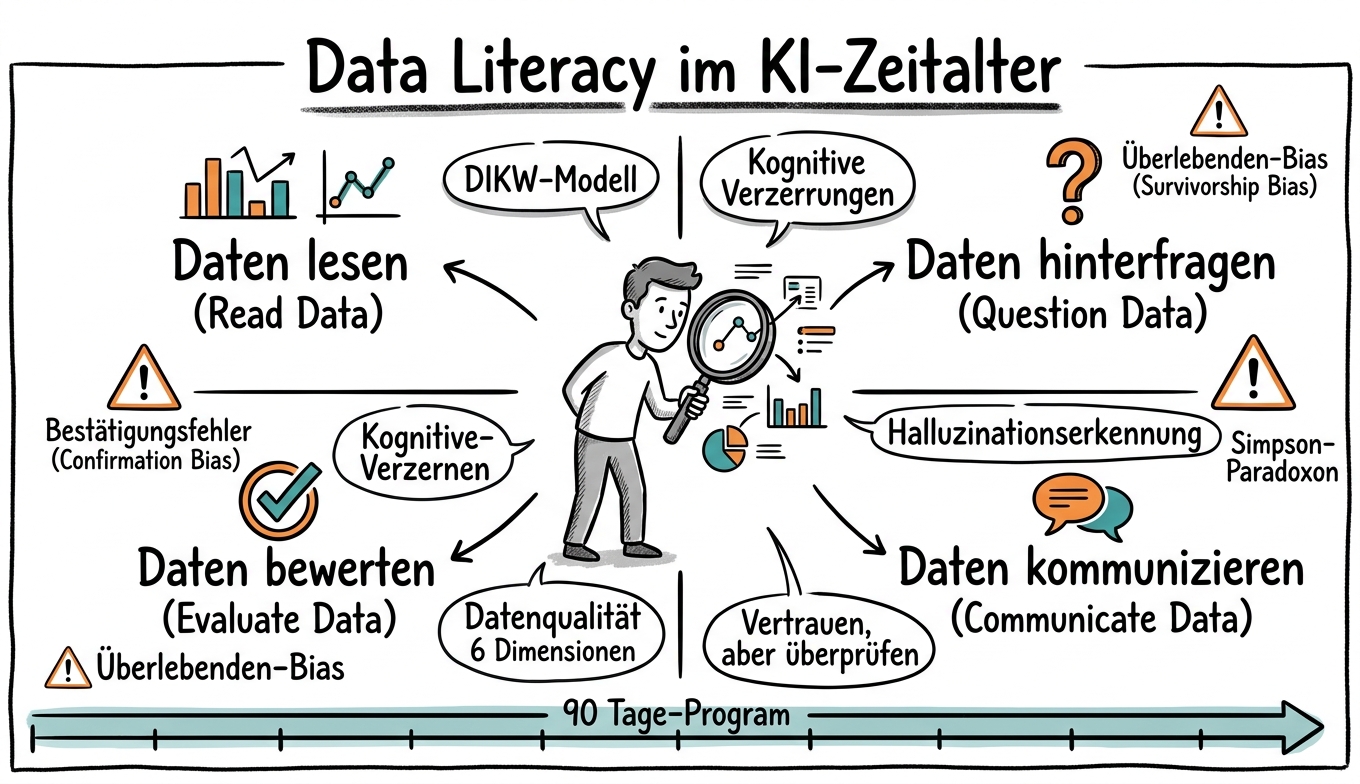 Sketchnote zum Kurs Data Literacy im KI-Zeitalter: Datenkompetenz für Entscheider und Teams