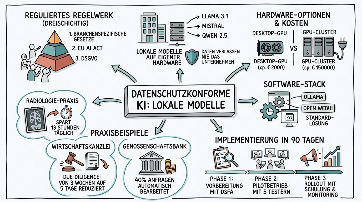 Sketchnote zum Kurs Datenschutzkonforme KI: Lokale Modelle für regulierte Branchen