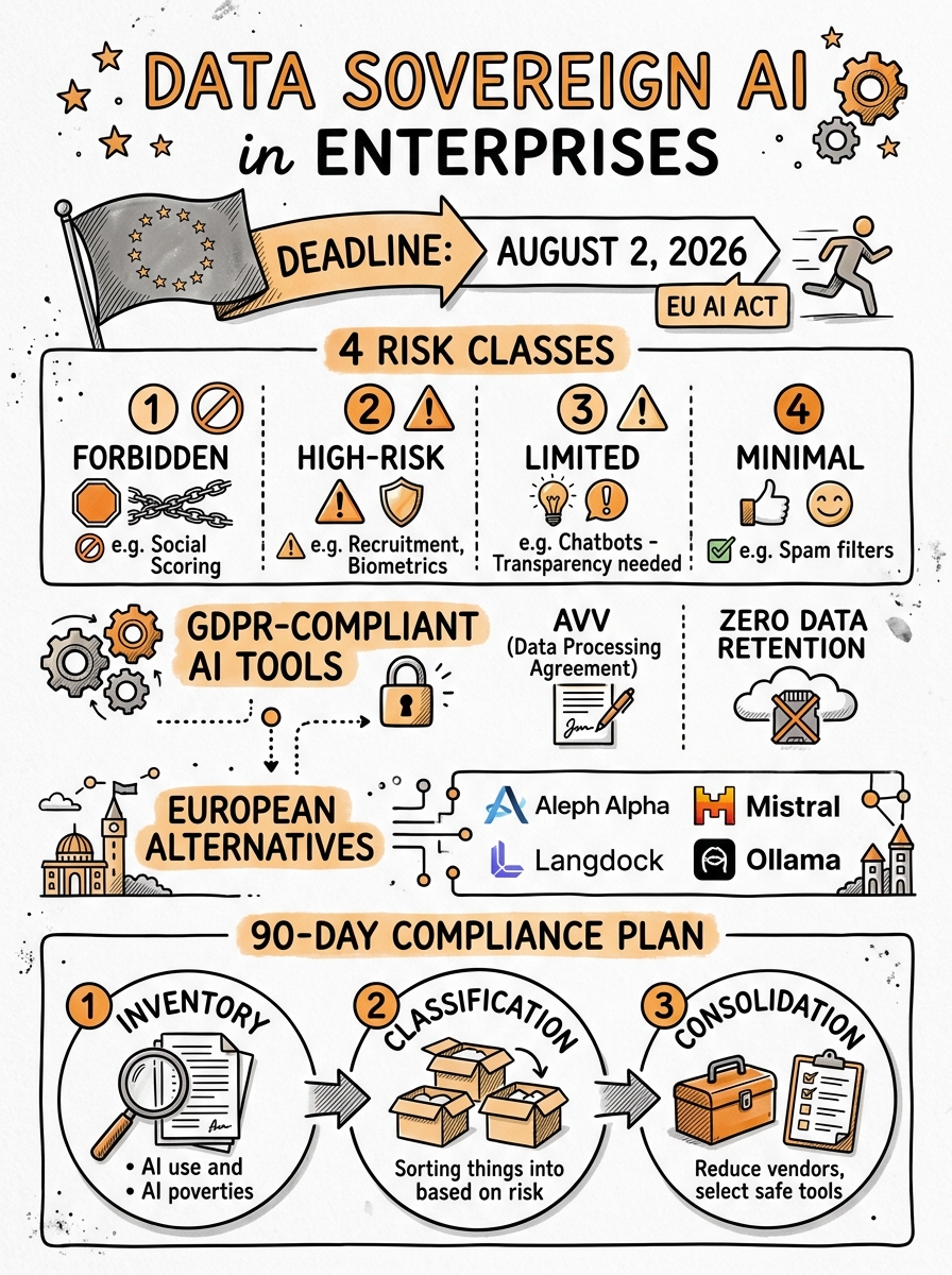 Sketchnote zum Kurs Datensouveräne KI im Unternehmen: DSGVO, EU AI Act und Privacy-by-Design in der Praxis