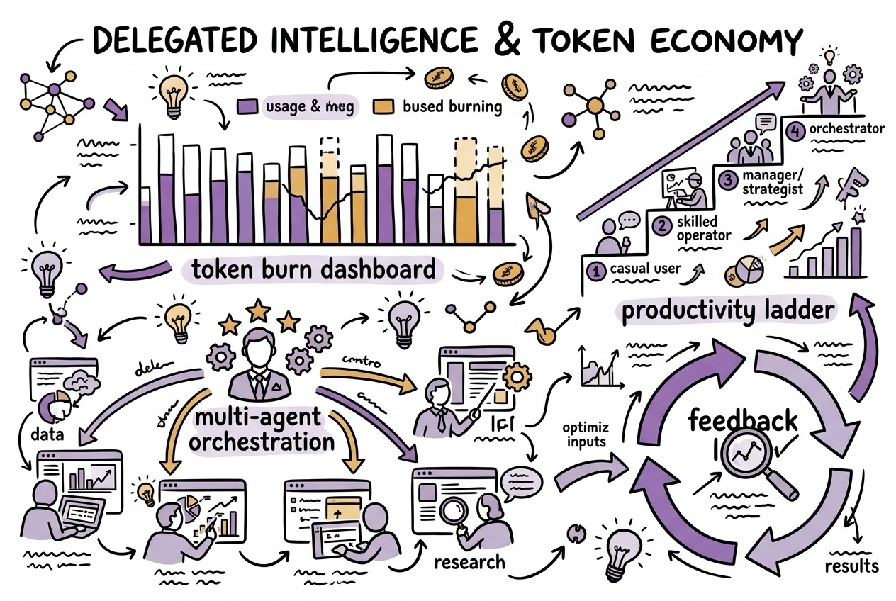 Sketchnote zum Kurs Delegierte Intelligenz: Wie Token-Budgets, KI-Agenten und neue Workflows die Produktivität verändern
