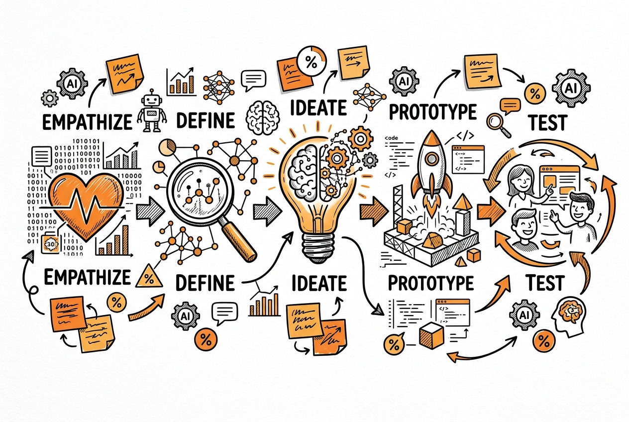 Sketchnote zum Kurs Design Thinking mit KI: Innovationsprozesse beschleunigen und skalieren