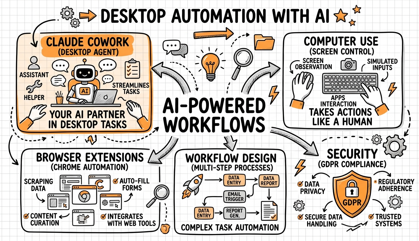 Sketchnote zum Kurs Desktop Automation mit KI: Claude Cowork, Browser-Agenten und autonome Workflows
