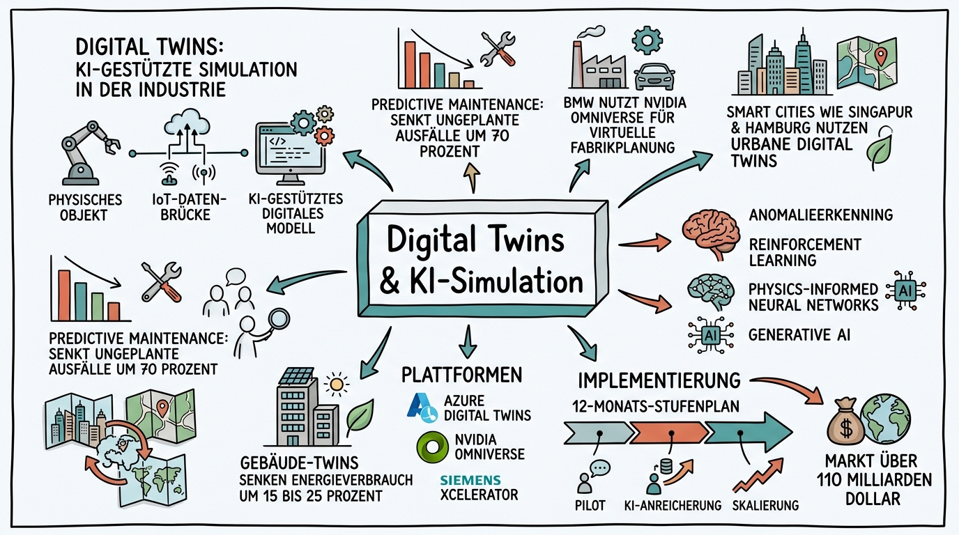 Sketchnote zum Kurs Digital Twins: KI-gestützte Simulation in der Industrie