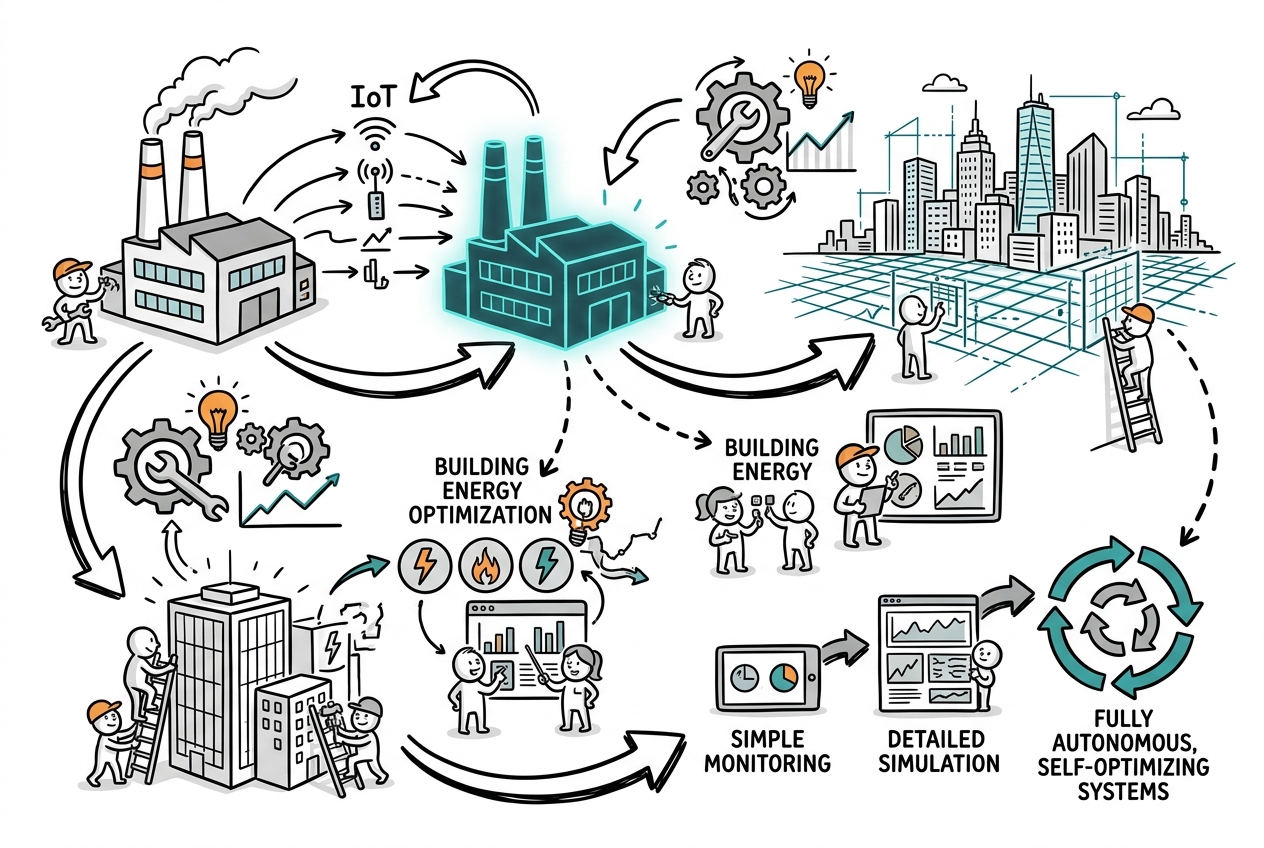 Sketchnote zum Kurs Digitale Zwillinge und KI: Simulation, Predictive Analytics und Industrie 4.0