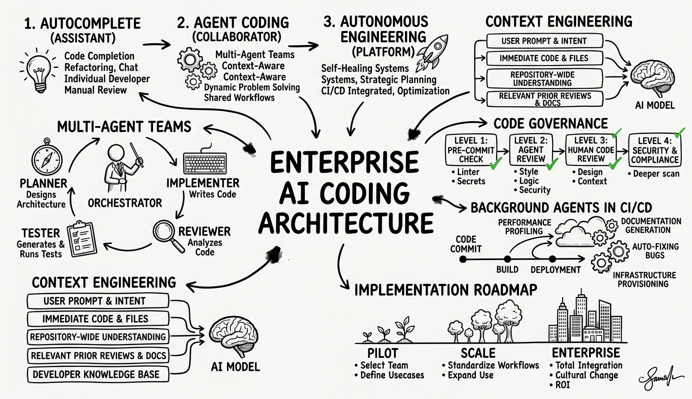 Sketchnote zum Kurs Enterprise AI Coding: Multi-Agenten-Architektur, Code-Governance und autonome Softwareentwicklung