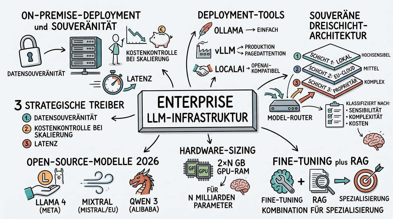 Sketchnote zum Kurs Enterprise LLM-Infrastruktur: On-Premise-Deployment, Model-Routing und Souveränität