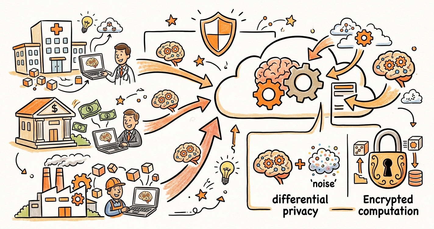 Sketchnote zum Kurs Federated Learning und Privacy-Preserving AI: Datenschutzkonforme KI-Trainingsmethoden