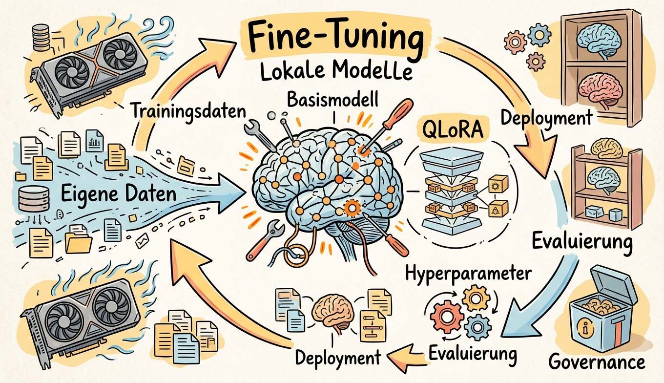 Sketchnote zum Kurs Fine-Tuning lokaler KI-Modelle: Eigene Daten, eigene Modelle