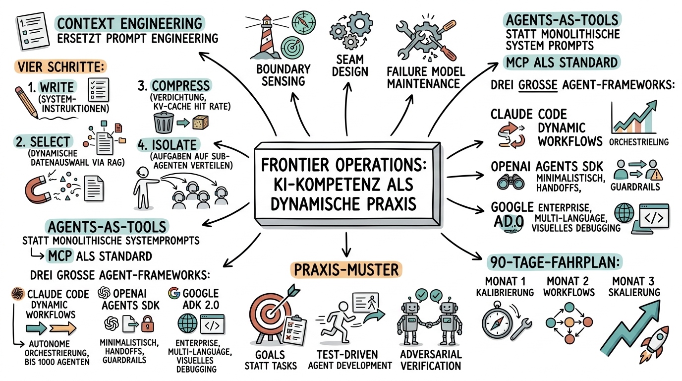 Sketchnote zum Kurs Frontier Operations: KI-Kompetenz als dynamische Praxis