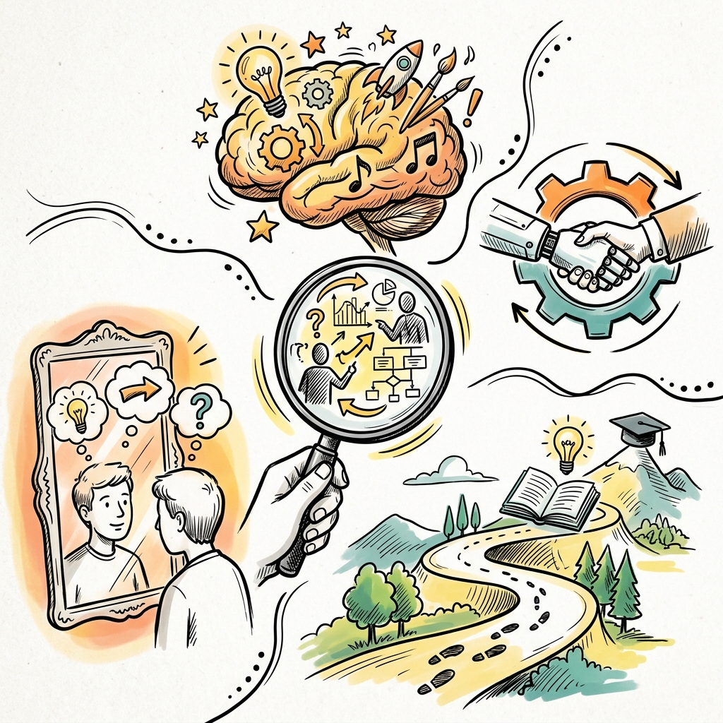 Sketchnote zum Kurs Future Skills: Kreativität und kritisches Denken im KI-Zeitalter