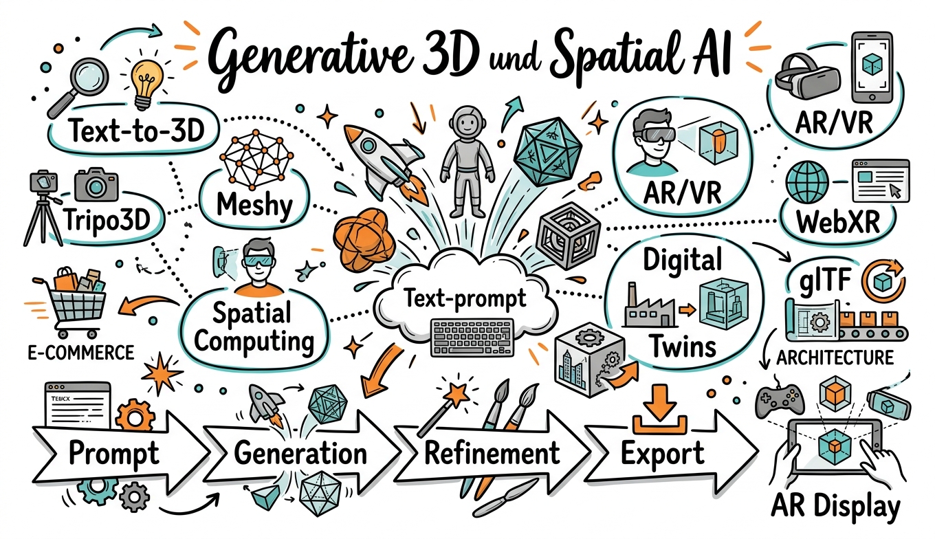 Sketchnote zum Kurs Generative 3D und Spatial AI: Von Text zu immersiven Welten