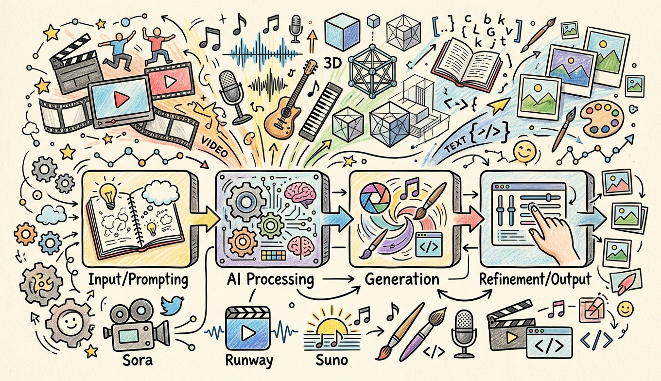 Sketchnote zum Kurs Generative KI für kreative Produktion: Video, Musik, Audio und 3D