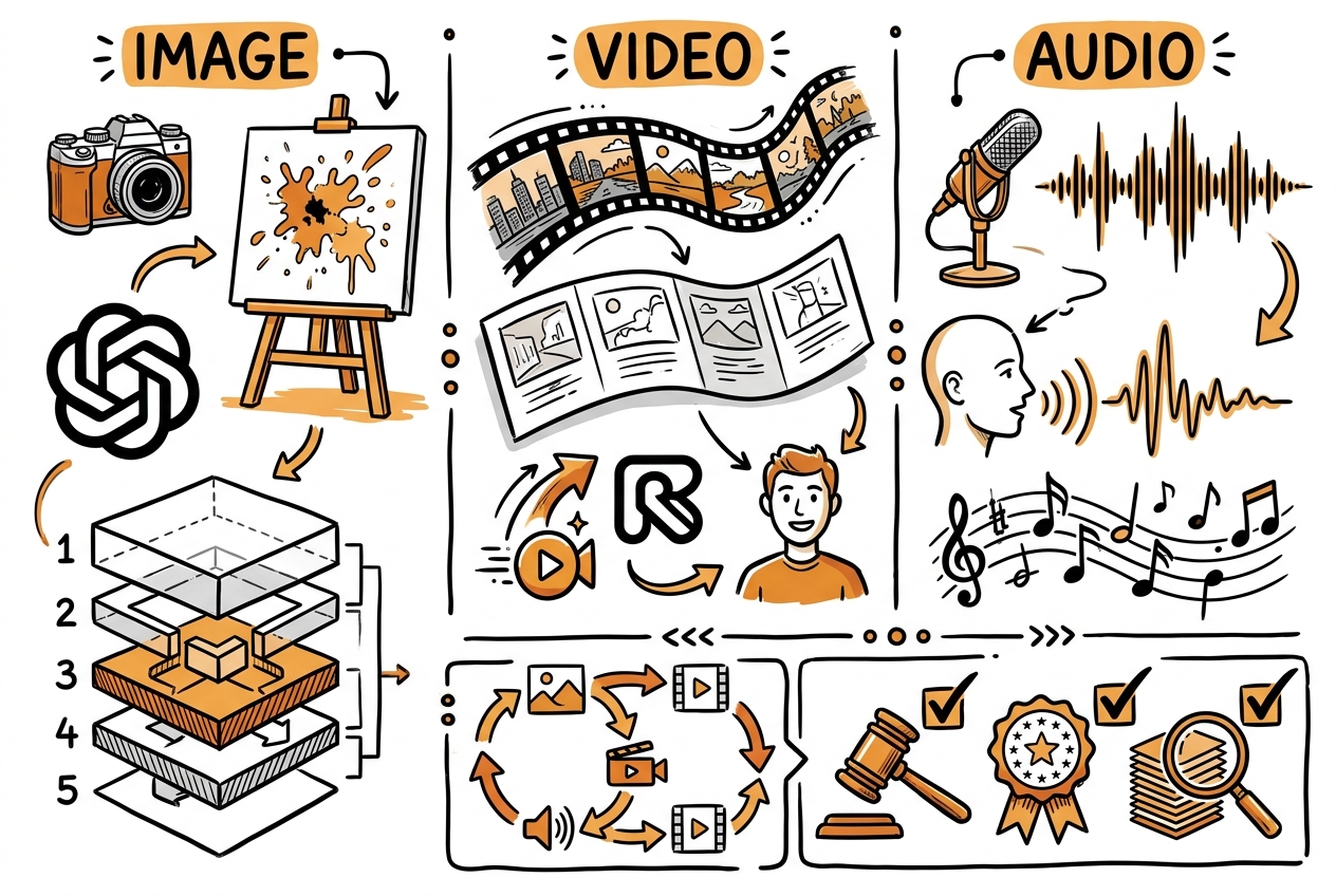 Sketchnote zum Kurs Generative Medienproduktion mit KI: Bild, Video und Audio professionell erstellen