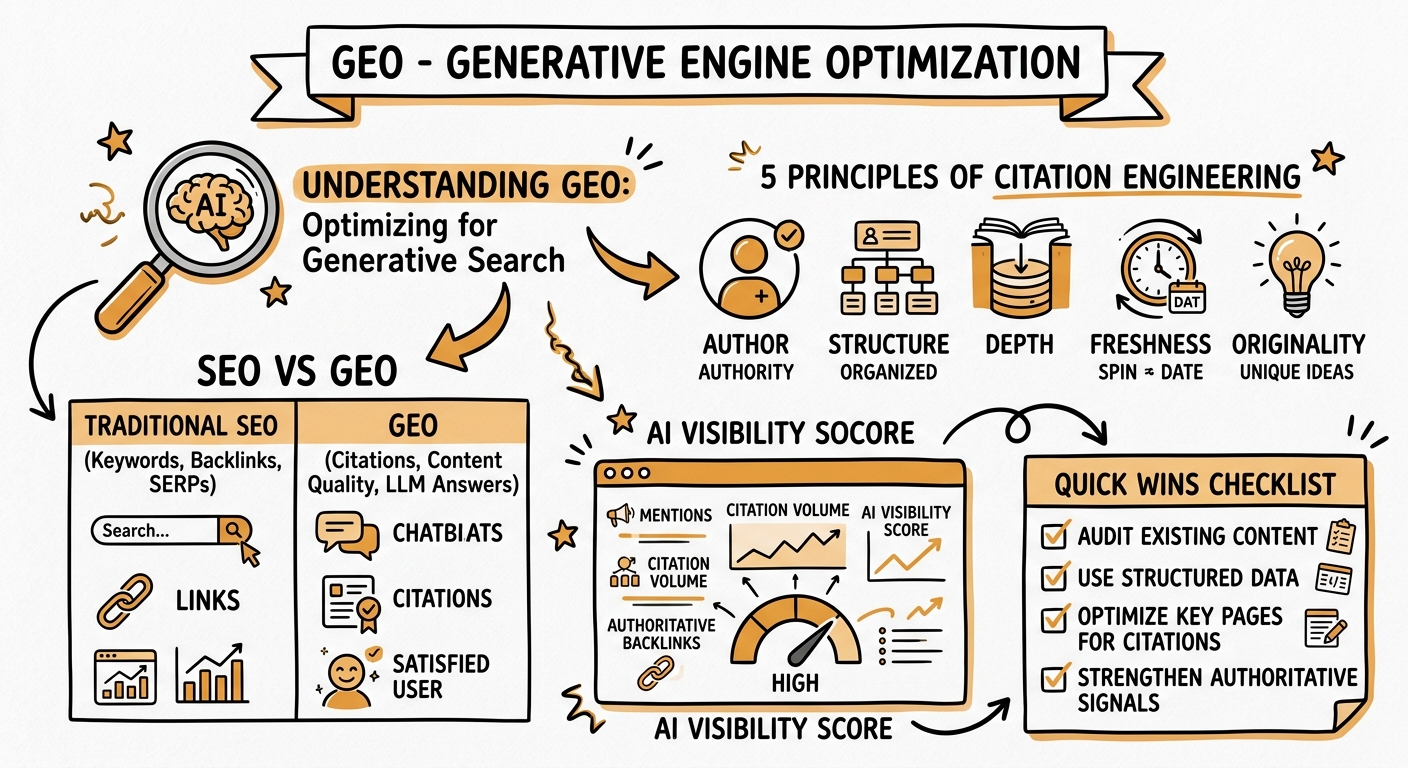 Sketchnote zum Kurs GEO: Generative Engine Optimization. Sichtbarkeit in KI-Suchmaschinen strategisch aufbauen