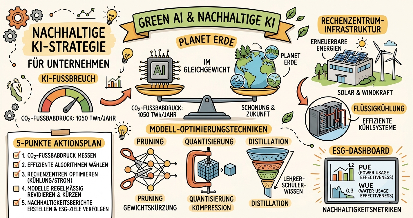 Sketchnote zum Kurs Green AI: Nachhaltige KI-Entwicklung und Betrieb im Unternehmen