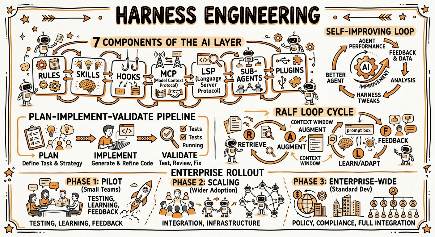 Sketchnote zum Kurs Harness Engineering: Produktionsreife Agent-Systeme für große Codebasen