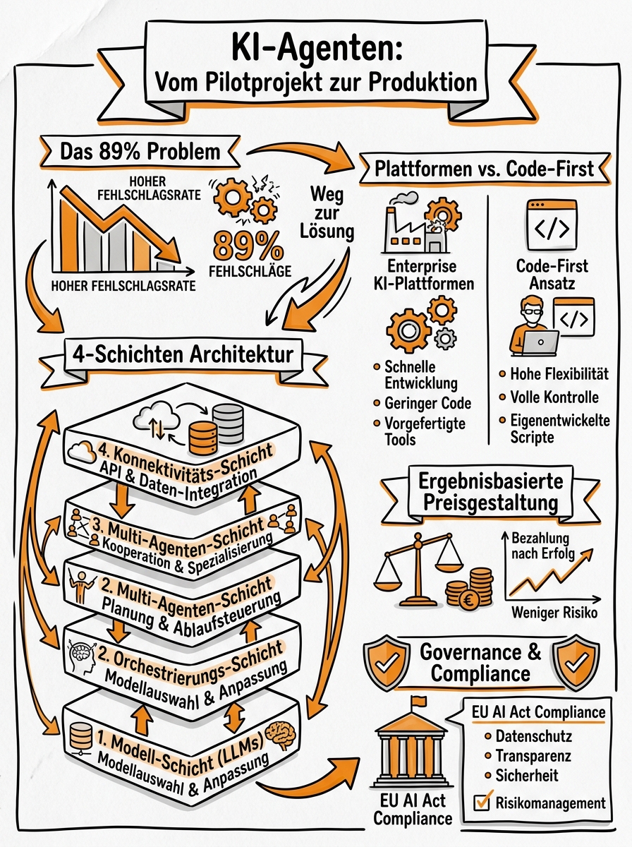 Sketchnote zum Kurs KI-Agenten vom Pilot zur Produktion: Skalierungsstrategien für den Mittelstand